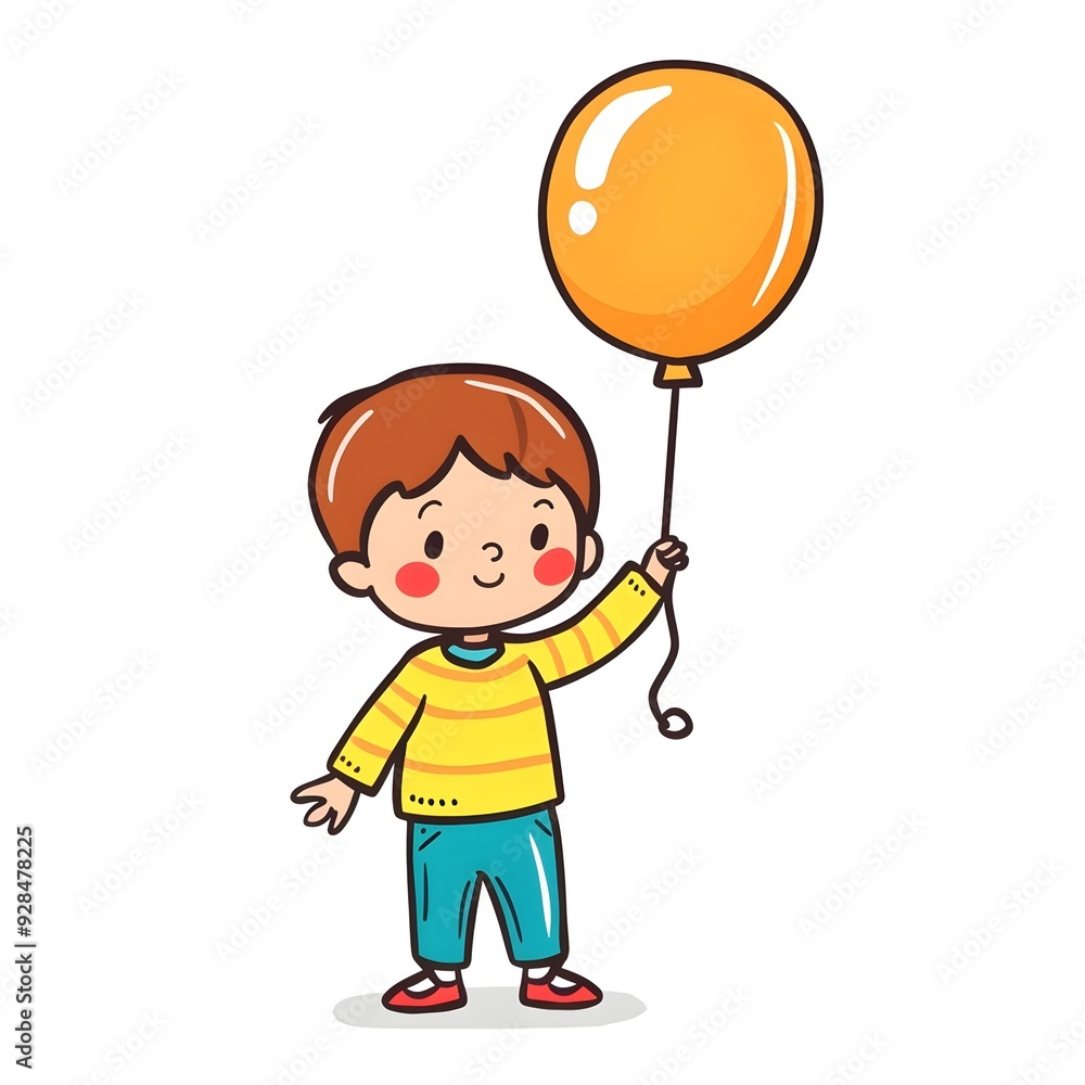 A young boy with brown hair is smiling happily as he holds onto a bright orange balloon. A young boy with brown hair is smiling happily as he holds onto a bright orange balloon.
