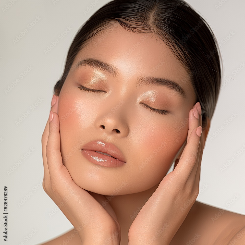 Closeup portrait of a woman with closed eyes and hands on cheeks. Closeup portrait of a woman with closed eyes and hands on cheeks.