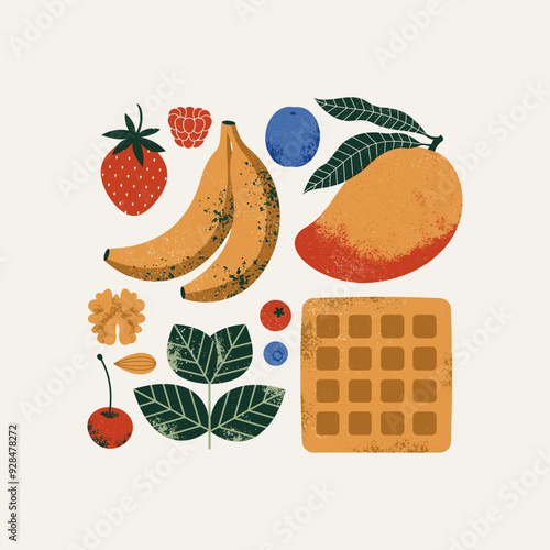 Waffle breakfast ingredients. Banana with mango and berries with nuts. 