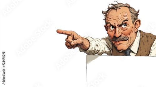An animated character with a mustache pointing, suggesting authority or disapproval.