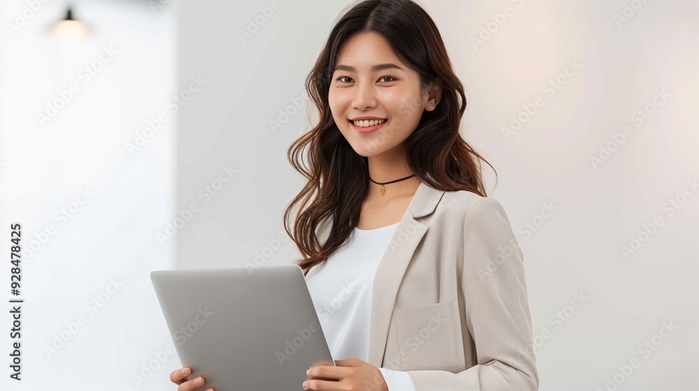 An Asian woman holding a laptop computer and smiling at the camera An Asian woman holding a laptop computer and smiling at the camera