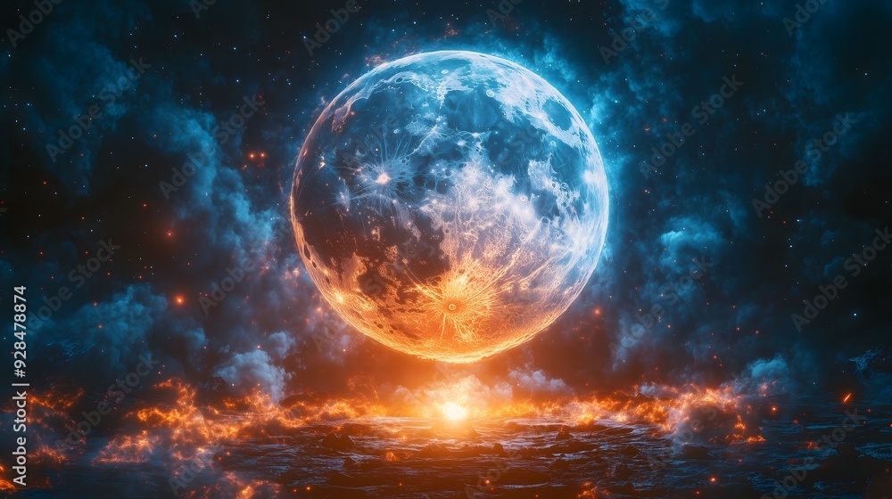 Fiery Moon in a Cosmic Nebula High-Resolution Sci-Fi Fantasy Digital Art Fiery Moon in a Cosmic Nebula High-Resolution Sci-Fi Fantasy Digital Art