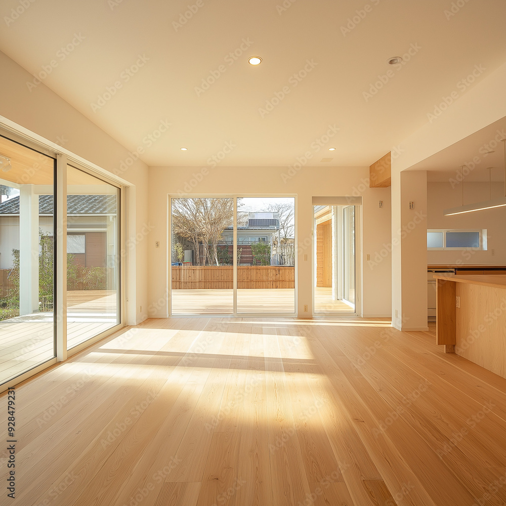 Obraz premium An open-concept living area in a pastel yellow house