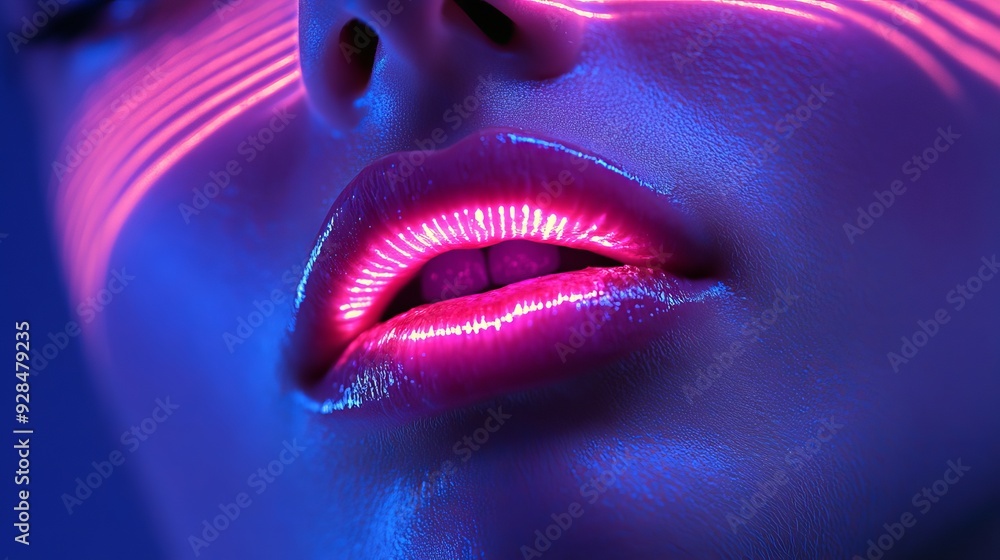 Close-up of lips illuminated with neon lights and soft blue tones Close-up of lips illuminated with neon lights and soft blue tones