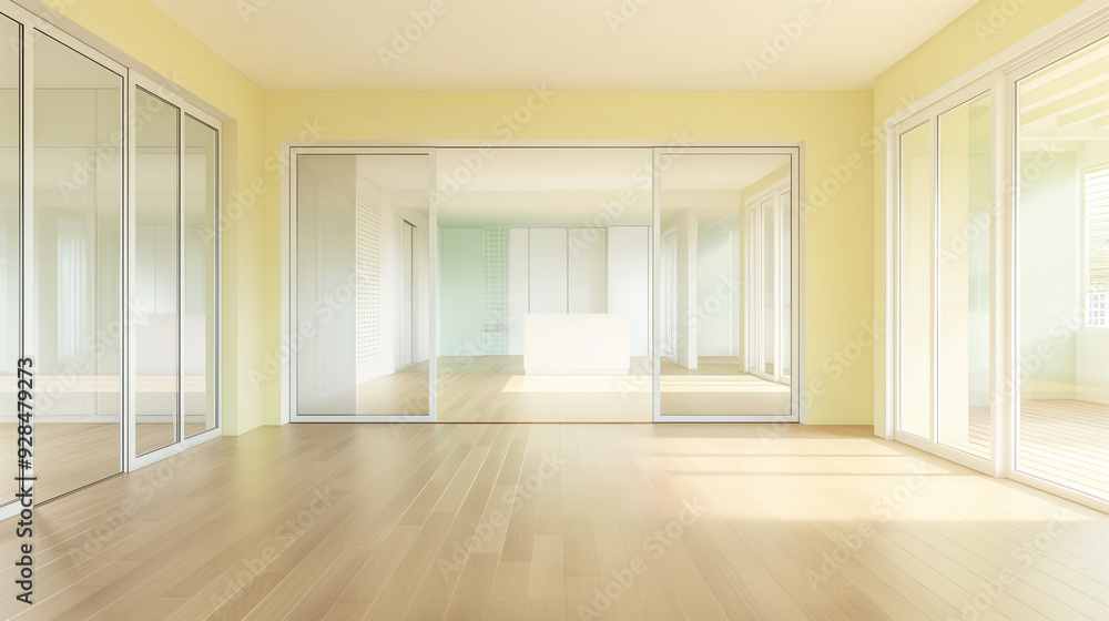 An open-concept living area in a pastel yellow house An open-concept living area in a pastel yellow house