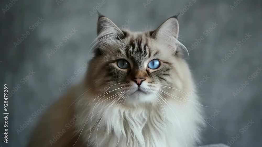 A beautiful, fluffy Siberian cat with piercing blue eyes stares intently at the camera. The cat's long fur is detailed with patterns, and it appears calm and curious. The background is a muted gray, A beautiful, fluffy Siberian cat with piercing blue eyes stares intently at the camera. The cat's long fur is detailed with patterns, and it appears calm and curious. The background is a muted gray,