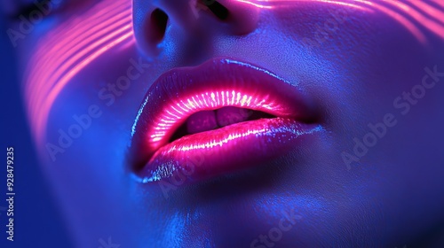 Close-up of lips illuminated with neon lights and soft blue tones photo