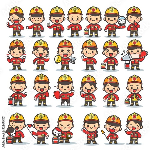 Wallpaper Mural A collection of cartoon characters in firefighter uniforms displaying various emotions and actions. Torontodigital.ca