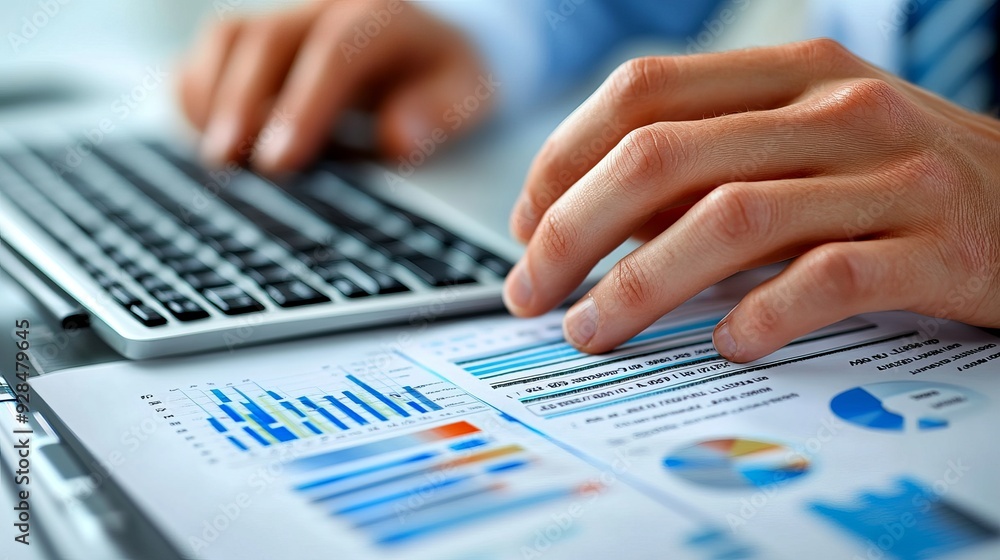 Person analyzing business reports while typing on a keyboard at an office desk Person analyzing business reports while typing on a keyboard at an office desk