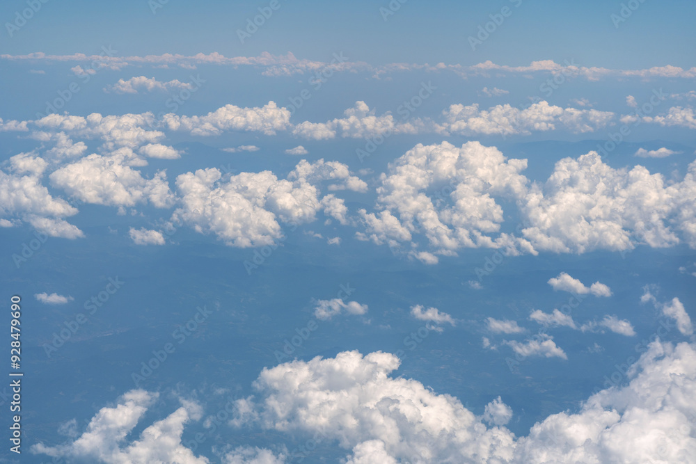 Blue Sky with White Clouds, Flying above Sunny Cloudy Sky Texture Pattern, Fluffy Clouds Plane View Blue Sky with White Clouds, Flying above Sunny Cloudy Sky Texture Pattern, Fluffy Clouds Plane View