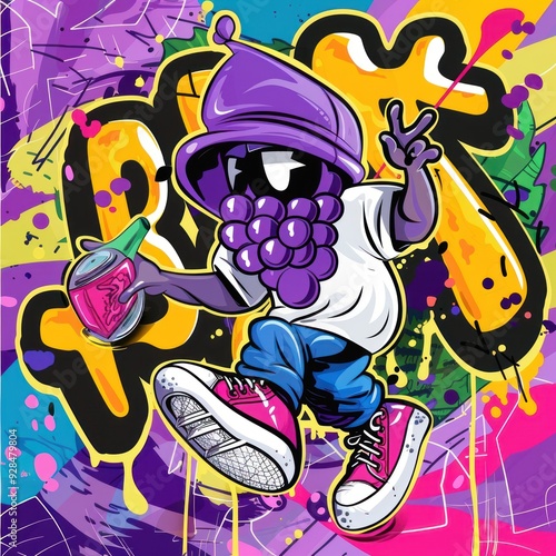 A colorful cartoon character with a grape-themed design, holding a drink in a vibrant graffiti setting.