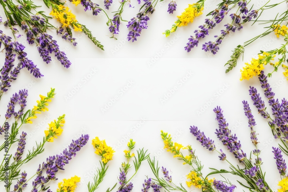 The scene of a spring botanical floral composition, a greeting card mockup with purple lilac, yellow broom Cytisus flowers and branches. White table background, flat lay. The top view is from the top The scene of a spring botanical floral composition, a greeting card mockup with purple lilac, yellow broom Cytisus flowers and branches. White table background, flat lay. The top view is from the top