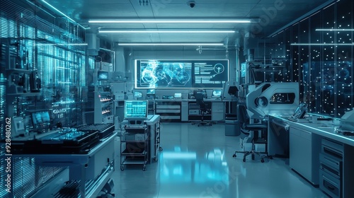 Futuristic Laboratory Interior with Monitors and High-Tech Equipment.