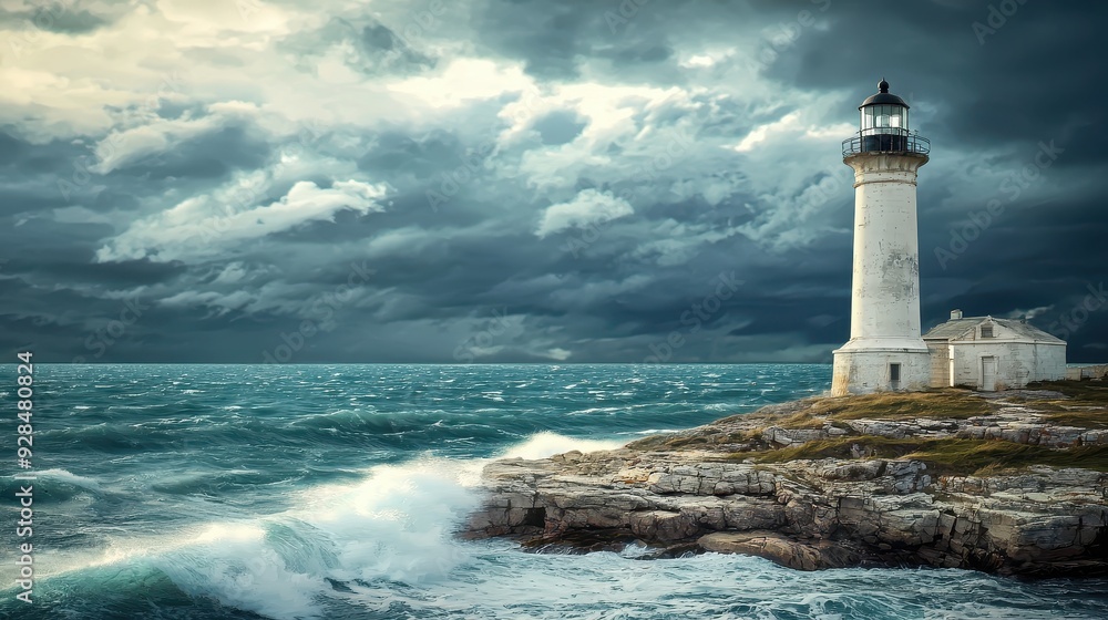 Lighthouse on Rocky Coast in Stormy Weather. Lighthouse on Rocky Coast in Stormy Weather.