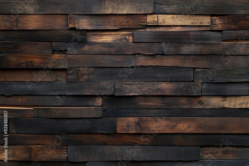 Processed collage of old rustic dark brown wood planks texture. Background for banner, Generative ai