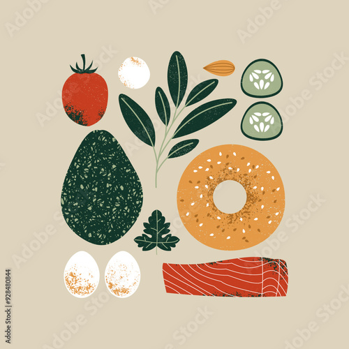 Various food illustration. Tomato with avocado and bagel with salmon and eggs. Vector illustration
