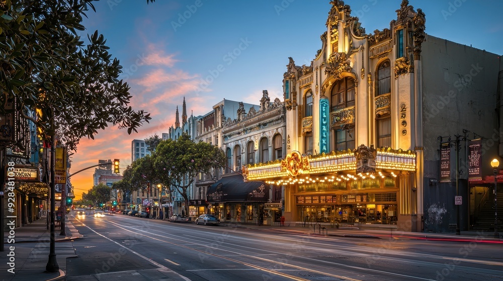 Fototapeta premium City Street with Historic Building at Dusk.