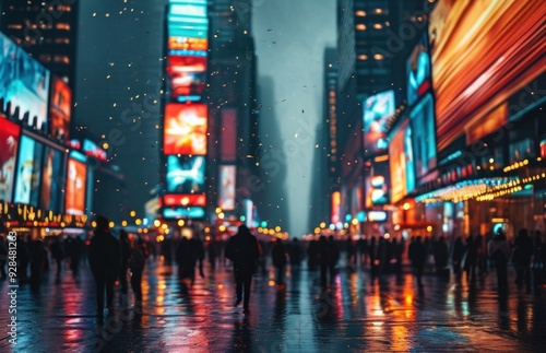 People walking at night in Times Square during rain.