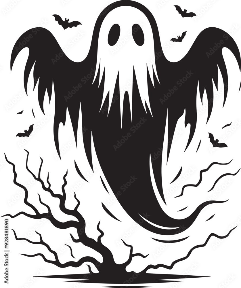 Obraz premium spooky haunted house ghosts, dead tree, lanterns and pumpkins halloween night black and white silhouette vector line art flat design background image illustrations