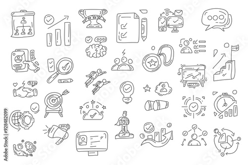 Hand drawn doodle icons set of business success, strategy, planning, growth, goals, achievement, leadership, teamwork, vision, and innovation
