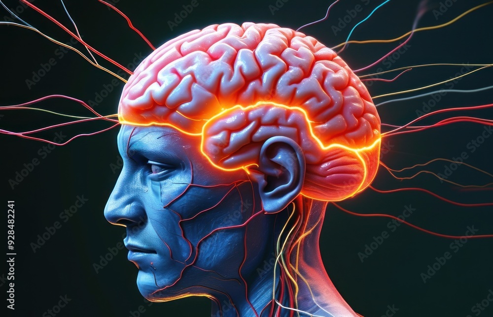 Obraz premium Close-up view of a human head displaying brain and wires.