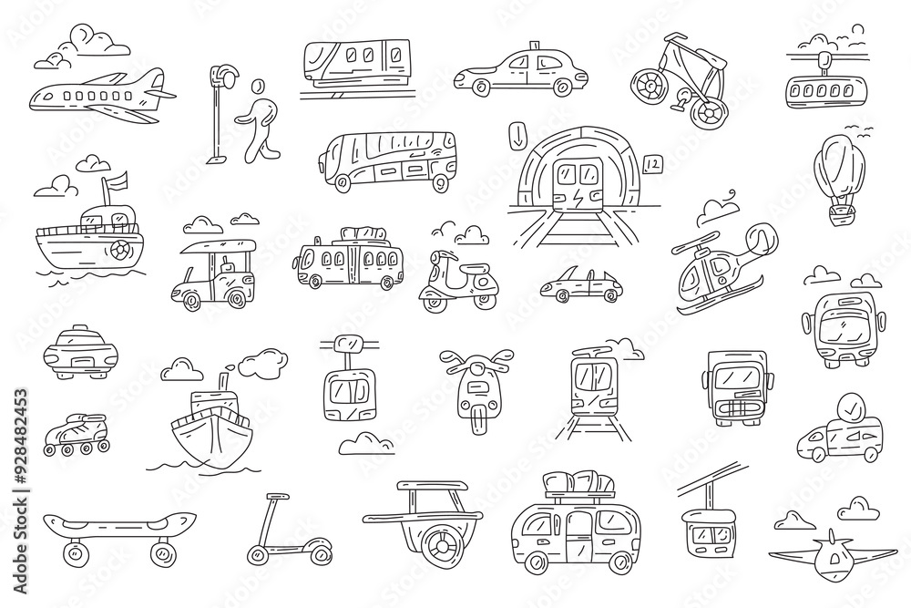 A collection of hand-drawn doodle icons depicting various modes of public transportation and vehicles, including buses, trains, airplanes, bikes, and ships, arranged on a white background A collection of hand-drawn doodle icons depicting various modes of public transportation and vehicles, including buses, trains, airplanes, bikes, and ships, arranged on a white background