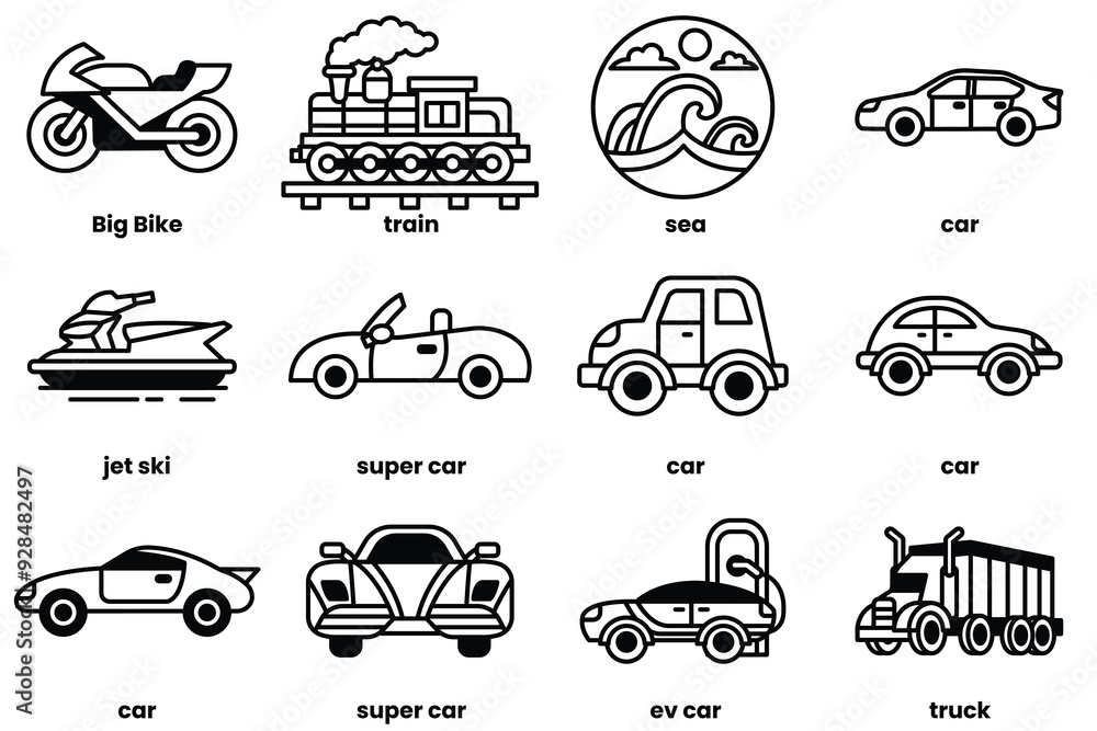A collection of car and vehicle icons, including a jet ski, a train, a boat A collection of car and vehicle icons, including a jet ski, a train, a boat
