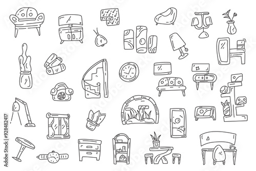 A collection of furniture and accessories, including a clock, a vase, and a chair. The image is a cartoonish representation of a room, with each item drawn in a simple, stylized way. doodle style