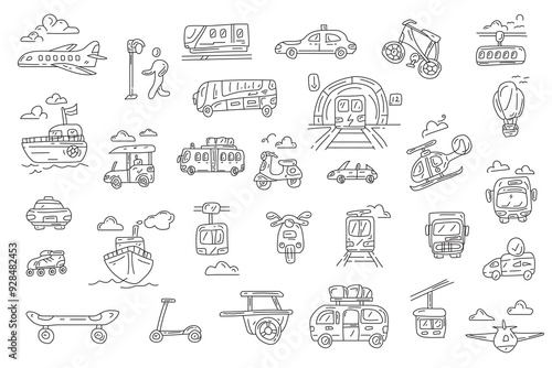 A collection of hand-drawn doodle icons depicting various modes of public transportation and vehicles, including buses, trains, airplanes, bikes, and ships, arranged on a white background