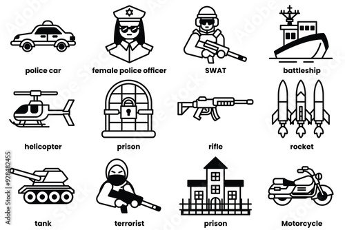 A collection of black and white icons of police officers, soldiers, and vehicles