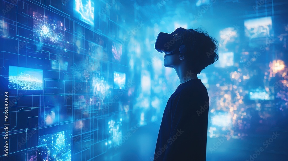 Woman in VR Headset Experiencing Digital World. Woman in VR Headset Experiencing Digital World.