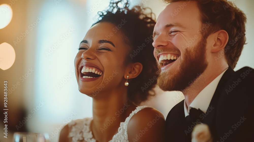 A candid shot of a couple laughing together during their wedding reception, capturing genuine happiness A candid shot of a couple laughing together during their wedding reception, capturing genuine happiness