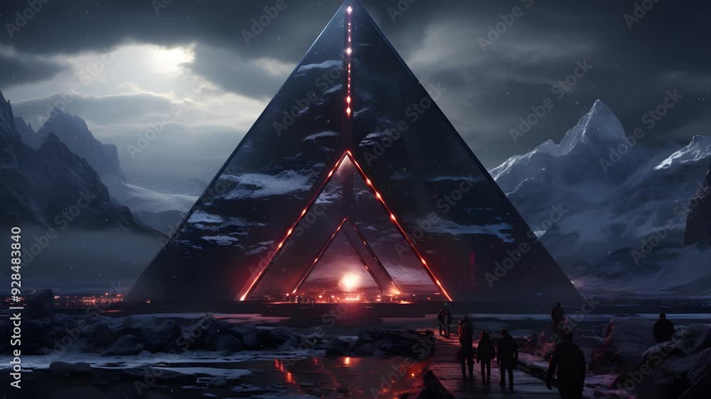 A group of people walks towards a glowing pyramid in a snowy landscape. The pyramid has a glowing red light coming from it and the snow is reflecting the light. A group of people walks towards a glowing pyramid in a snowy landscape. The pyramid has a glowing red light coming from it and the snow is reflecting the light.