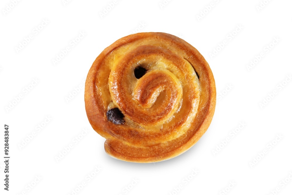 Sweet chocolate drops sugar glaze rolled buns on a white isolated background Sweet chocolate drops sugar glaze rolled buns on a white isolated background