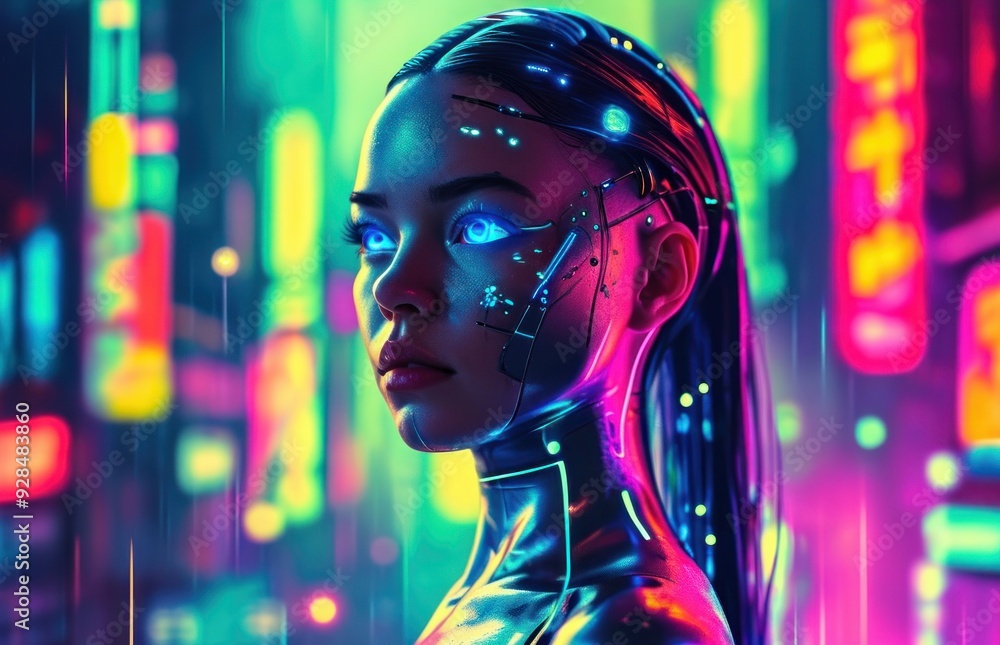 Woman in advanced attire with neon lights and futuristic eyewear. Woman in advanced attire with neon lights and futuristic eyewear.