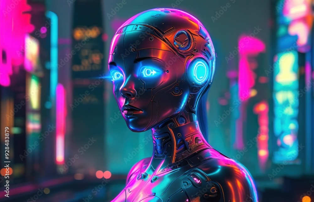 Woman in a high-tech suit with glowing eyes and headphones Woman in a high-tech suit with glowing eyes and headphones