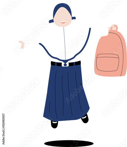 Junior high school student jumping with paper and backpack in hand