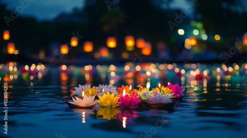 Wallpaper Mural Beautiful flower arrangement floating on water with candles and lanterns at night during the Loi Krathong festival Torontodigital.ca