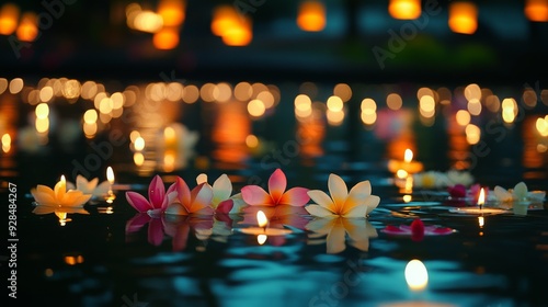 Wallpaper Mural Beautiful flower arrangement floating on water with candles and lanterns at night during the Loi Krathong festival Torontodigital.ca