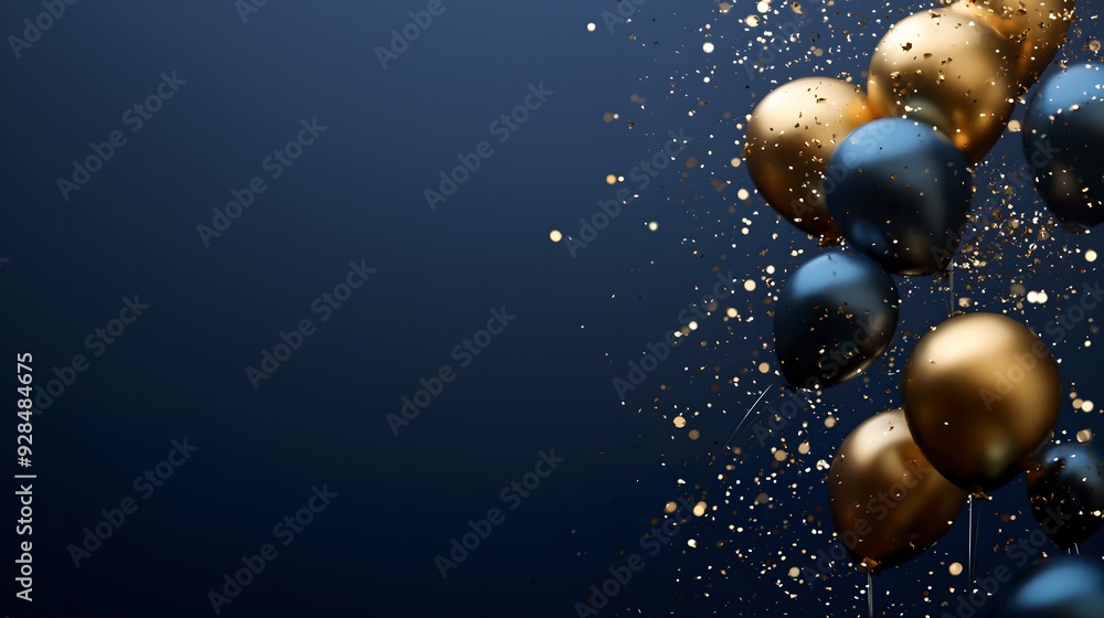 Fototapeta premium Vibrant navy blue and gold themed celebration with colorful balloons and glittering confetti, ideal for festive banners, posters, and background designs with space for custom text