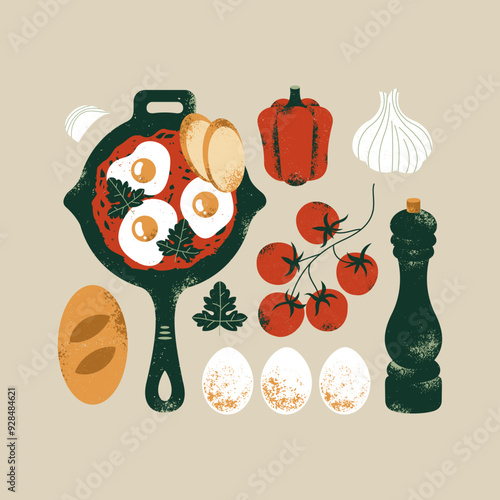 Shakshuka ingredients. Frying pan with eggs and pepper with tomato and bread. 