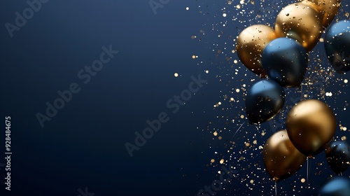 Vibrant navy blue and gold themed celebration with colorful balloons and glittering confetti, ideal for festive banners, posters, and background designs with space for custom text