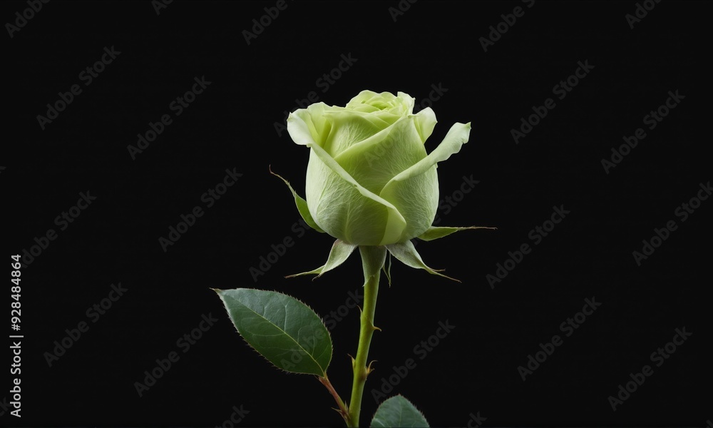 Obraz premium Single green rose with leaves isolated on black background