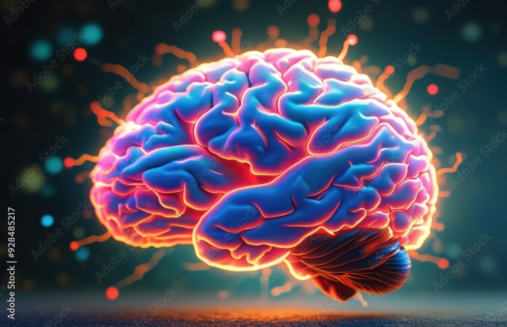 Close-up of a brain with illuminated blue and red areas Close-up of a brain with illuminated blue and red areas