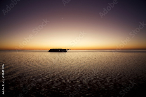 Lake Nasser cruise ship from Abu Simbel to Aswan at sunset, Egypt