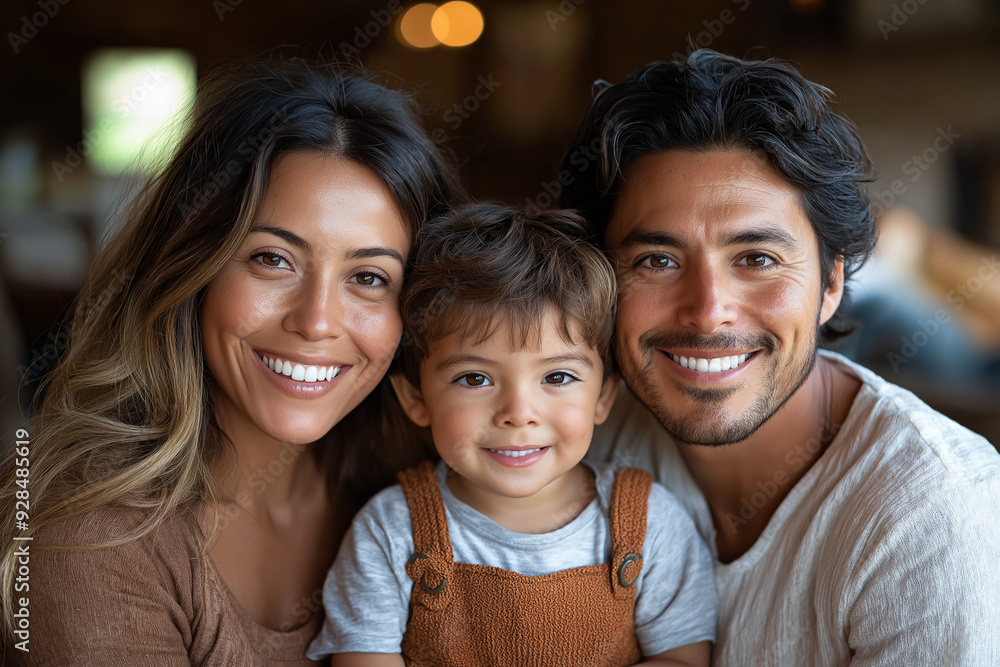 portrait happy hispanic couple and preschool son sit on sofa at home together. portrait happy hispanic couple and preschool son sit on sofa at home together.