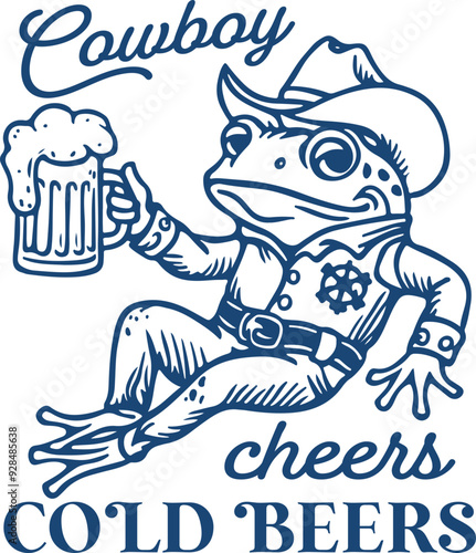 Cowboy Cheers Cold Beers Quote, Frog Toasting with a Beer Mug, Vintage Retro Funny Frog with Beer Lover