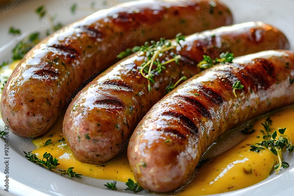 Bratwurst sausages served with mustard and herbs. Generative Ai Bratwurst sausages served with mustard and herbs. Generative Ai
