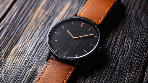 Wallpaper Mural Black and Brown Wristwatch on Wooden Background. Torontodigital.ca