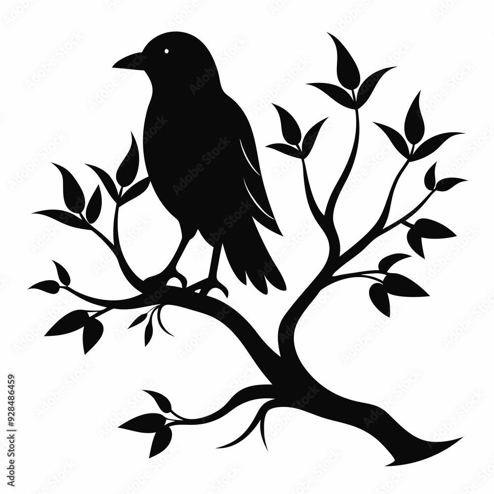 Silhouette of a big branch with bird vector illustration